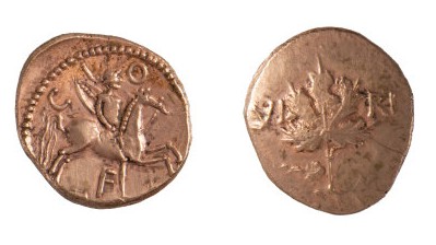 Find, Two gold Iron Age staters of the Southern Region / Regini and Atrebates, attributable to Verica and dating to the period AD 10-40, 'Verica Vine Leaf Viri' type.