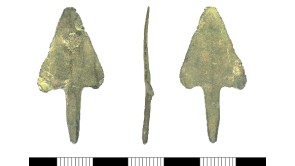 Find, A complete Bronze Age (1300-800 BC) flat barbed and tanged copper-alloy arrowhead.