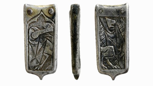 Find, A finely made silver gilt strap end of late Medieval (c14th century) date, 27.6mm in length.