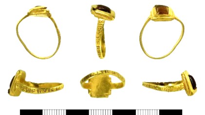 Find, A gold gem-set ring of medieval date (1200-1400 AD) with an inscribed hoop