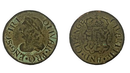 Find, A copper alloy farthing of Oliver Cromwell dating to 1657-1658