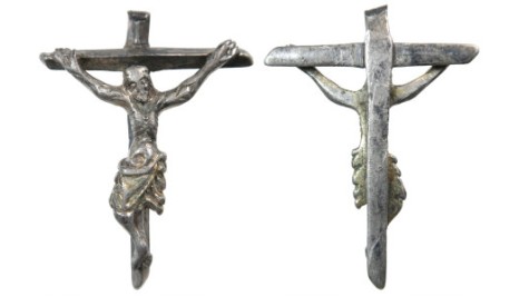 Find, An incomplete 14th/15th century silver gilt probable pendant crucifix, missing its loop - the upper arm of the cross has been bent and broken shortly above the cross-bar (recent damage).