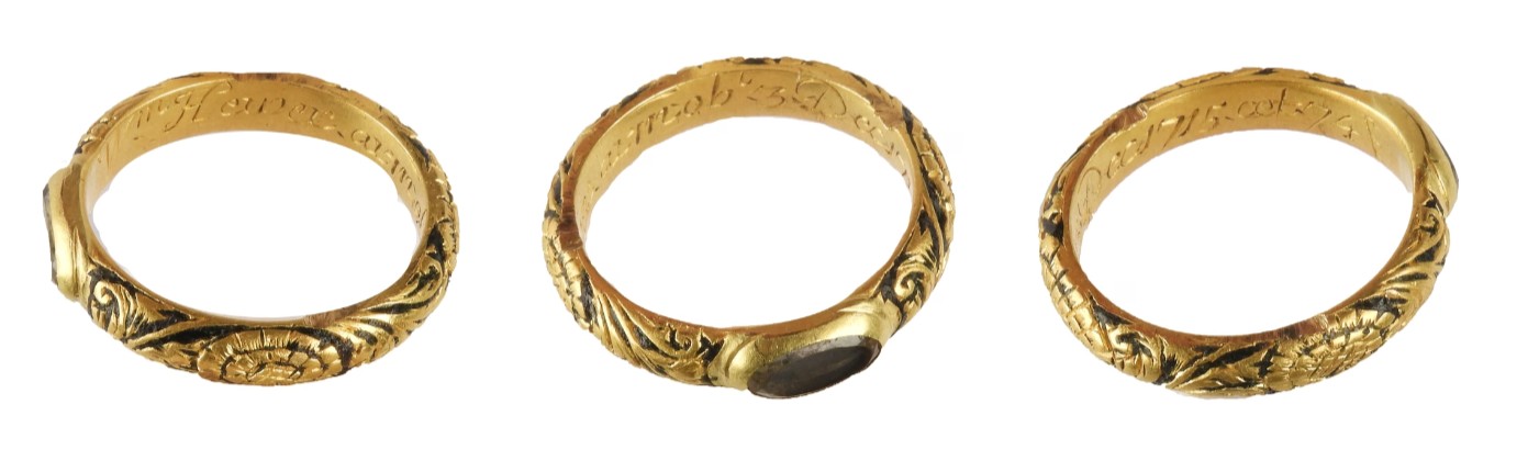 Three views of the gold mourning ring showing the inscription inside the band