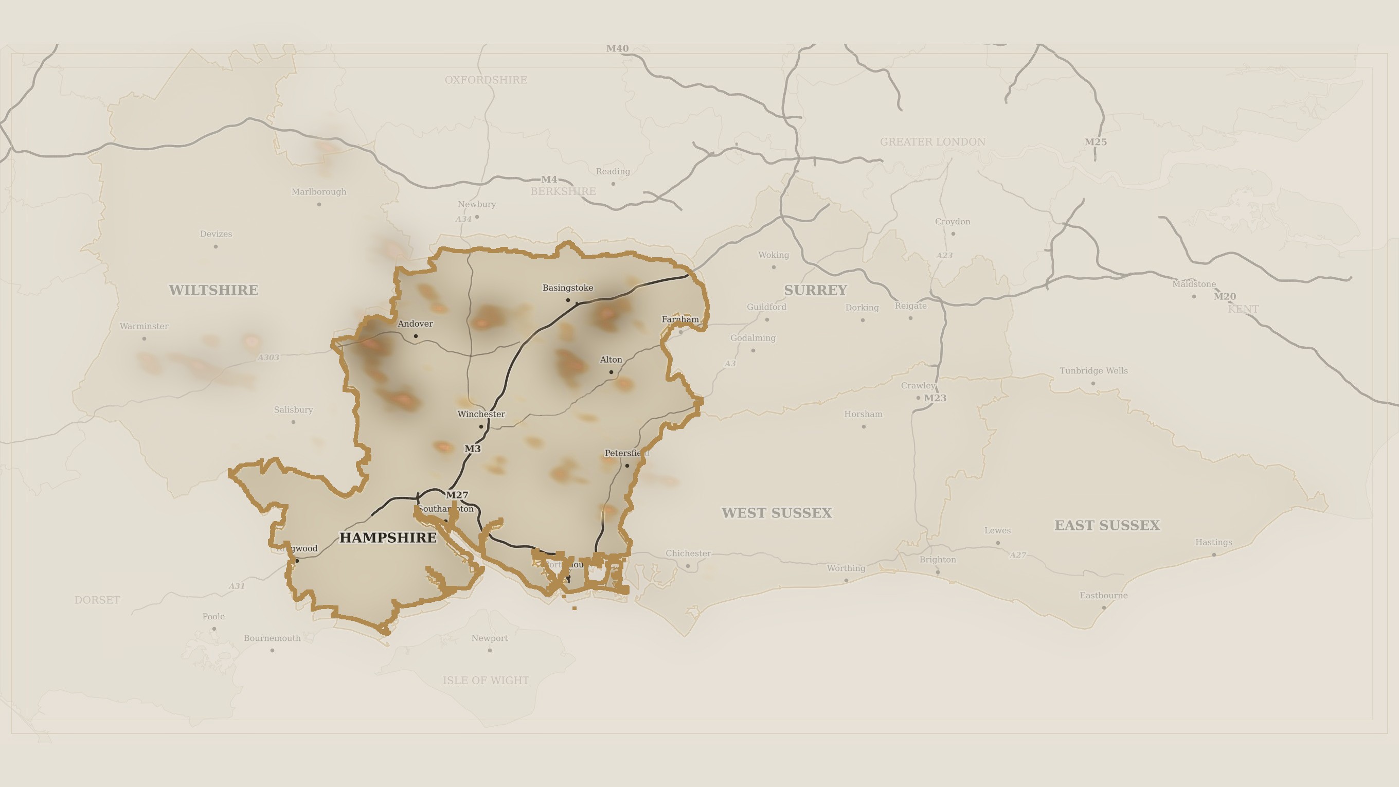 Heat map of Midweek Searchers dig locations across southern England with Hampshire highlighted.