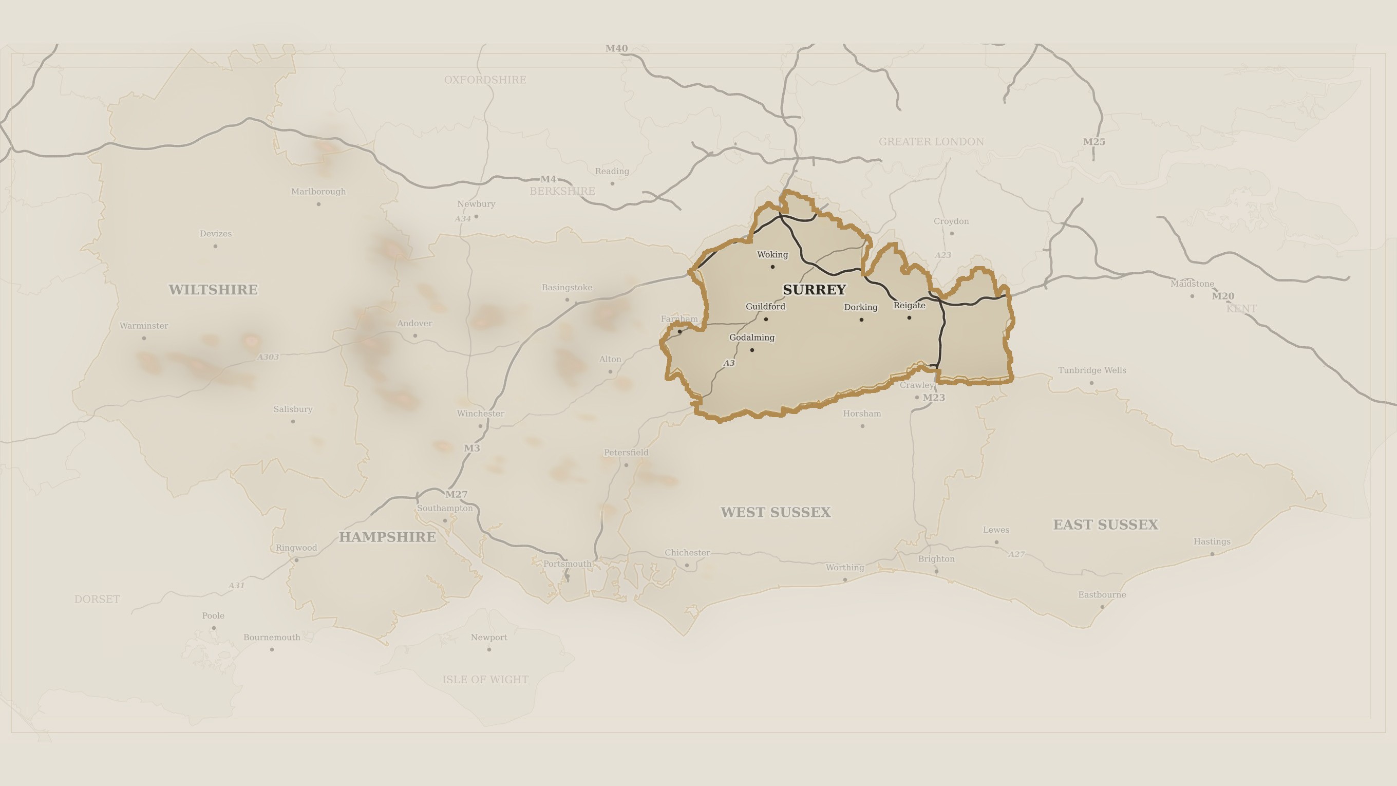 Heat map of Midweek Searchers dig locations across southern England with Surrey highlighted.