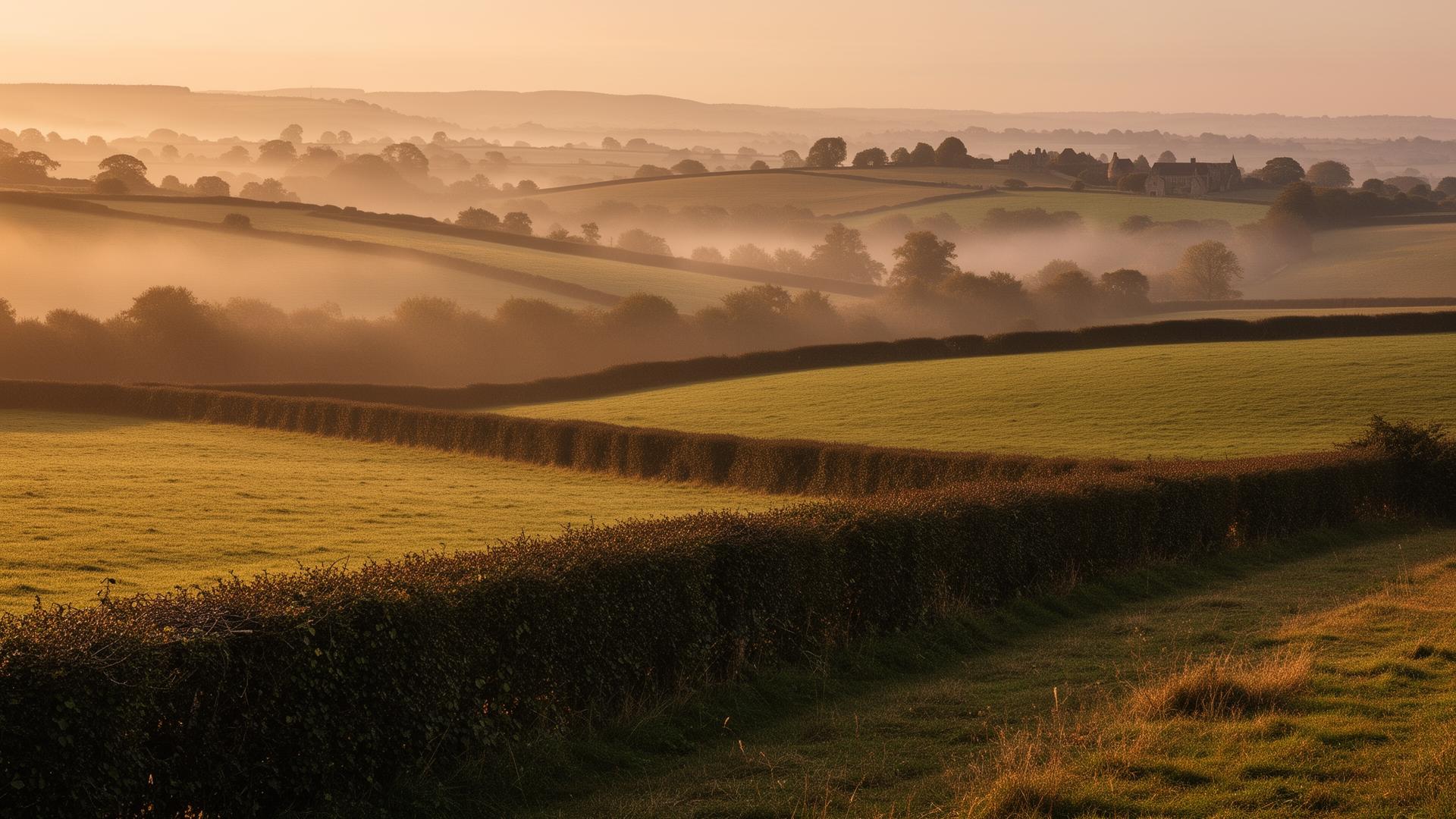Rolling English farmland at dawn